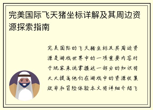 完美国际飞天猪坐标详解及其周边资源探索指南